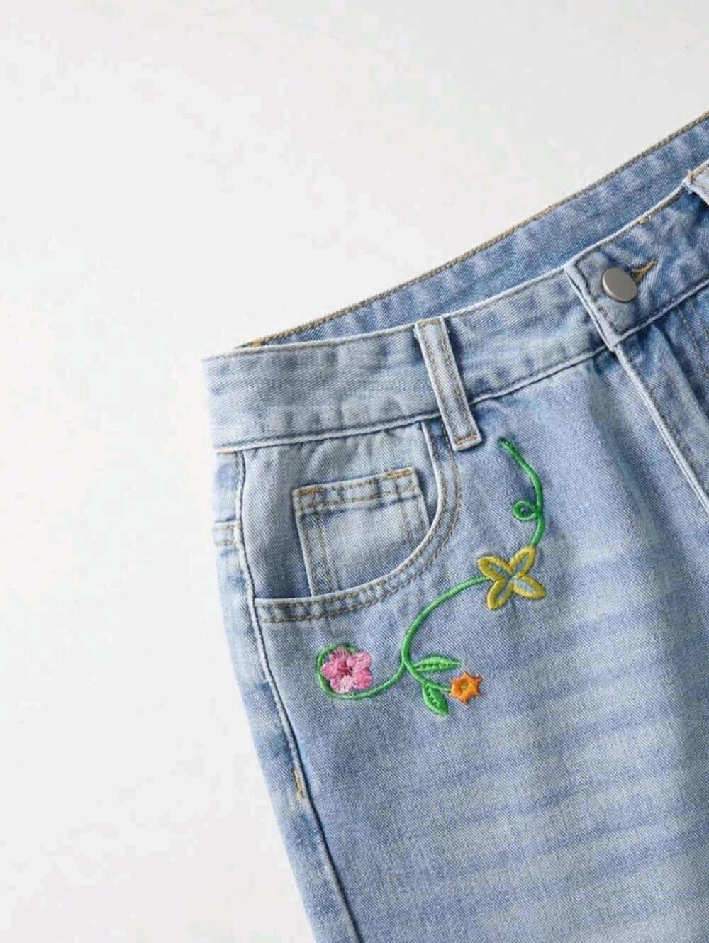 Casual Boho Washed Floral Embroidered Denim Jeans Everyday Blue Floral - Picture 3 of 5